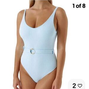 Melissa Obadash St Tropez Sky  belted scoop neck 1 piece swimsuit size 12 NWT